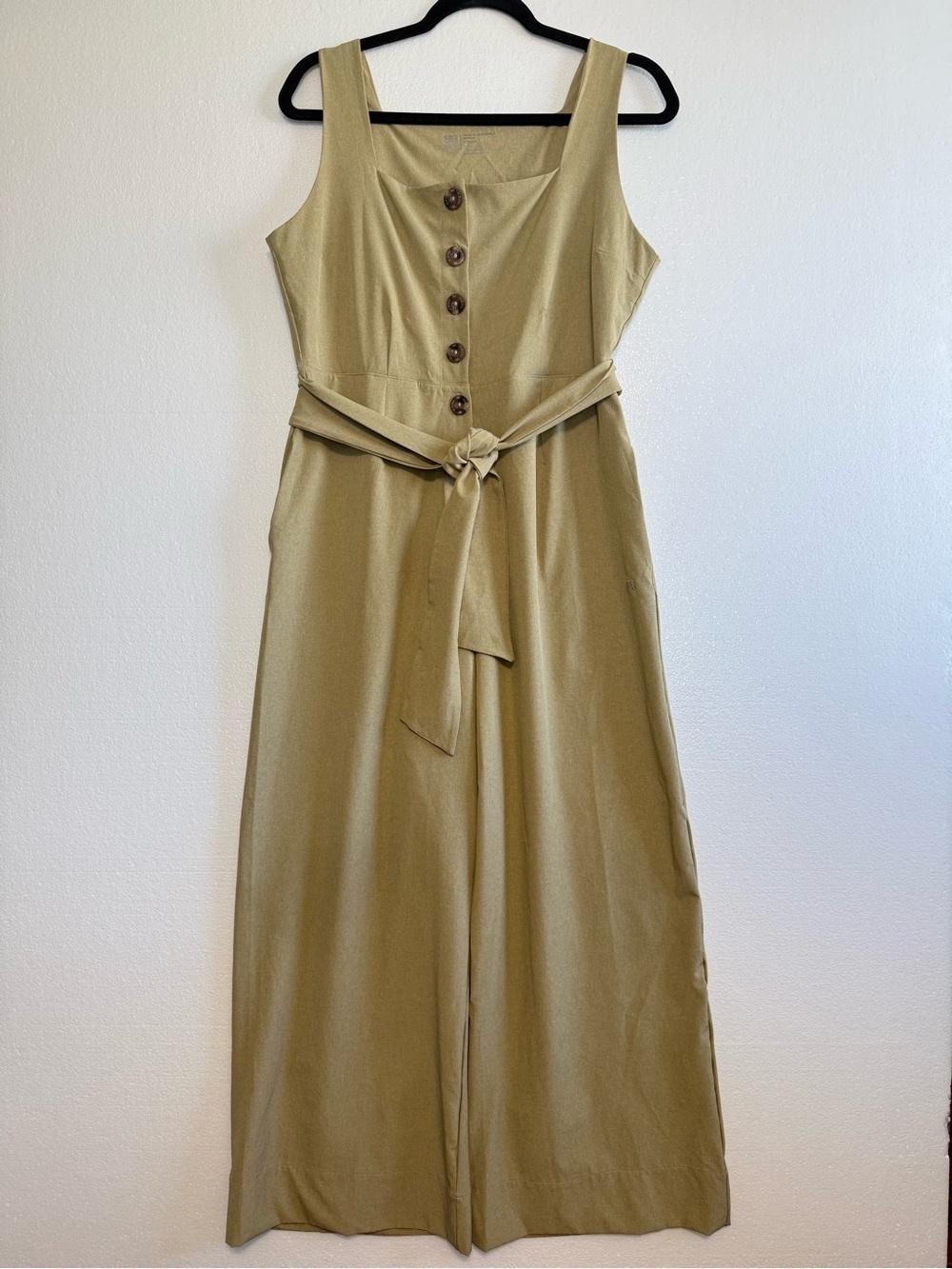 Albion Sleeveless Button Front Wide Leg Jumpsuit Belted Tie Waist Tan Size M
